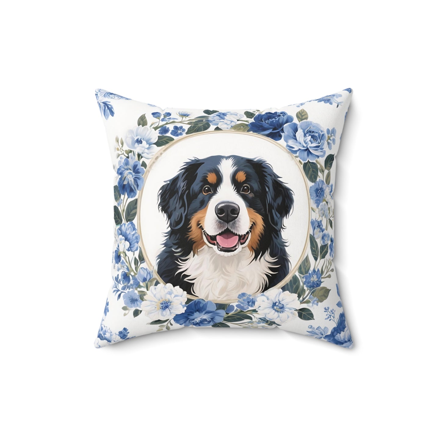 Bernese Mountain Dog Blue Floral Throw Pillow