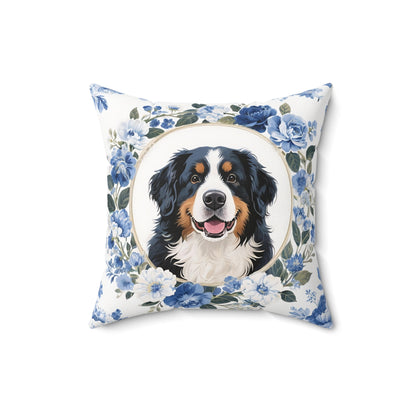 Bernese Mountain Dog Blue Floral Throw Pillow