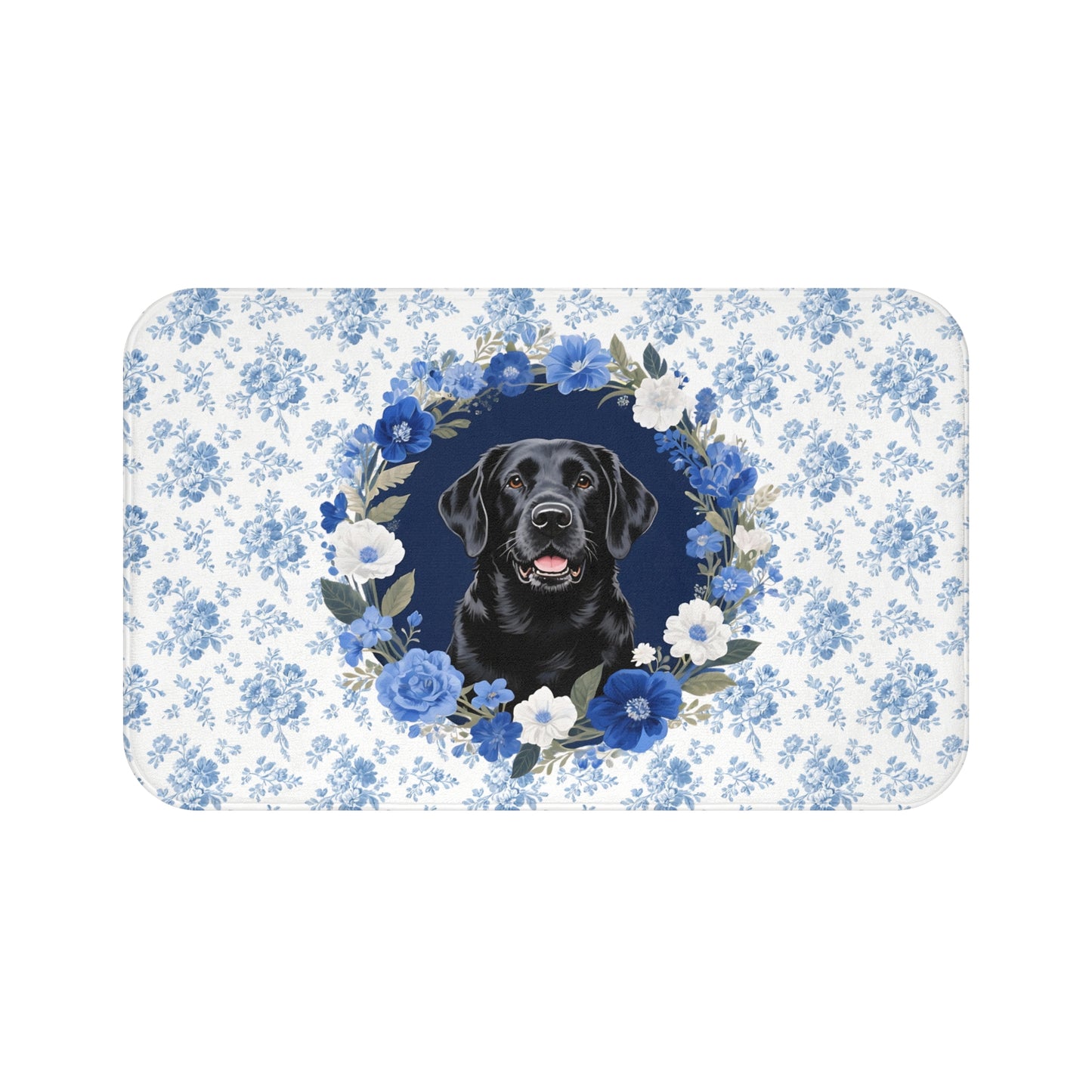 Blue Floral Lab Bath Mat – Cute Black Labrador Retriever Dog Bathroom Rug
