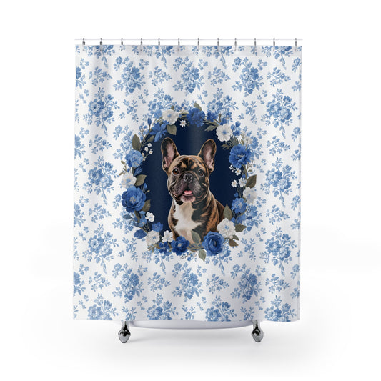 Brindle French Bulldog Dog Blue Floral Shower Curtain – Dog Portrait Bath Decor