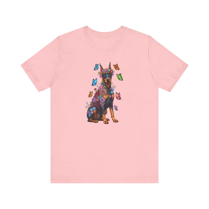 Whimsical Floral Doberman Pinscher Tee – Colorful Dog Lover Shirt with Butterflies