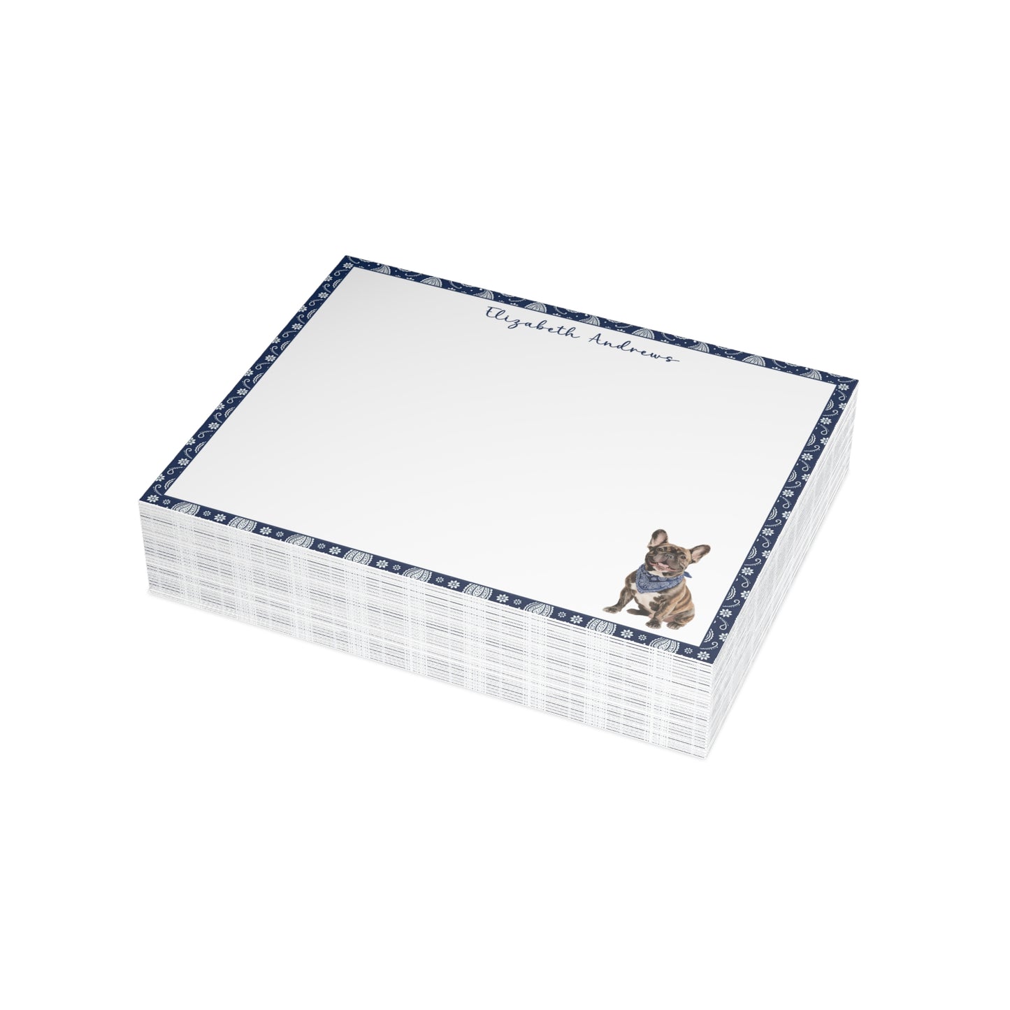 Personalized French Bulldog Navy Blue Paisley Notecard Set