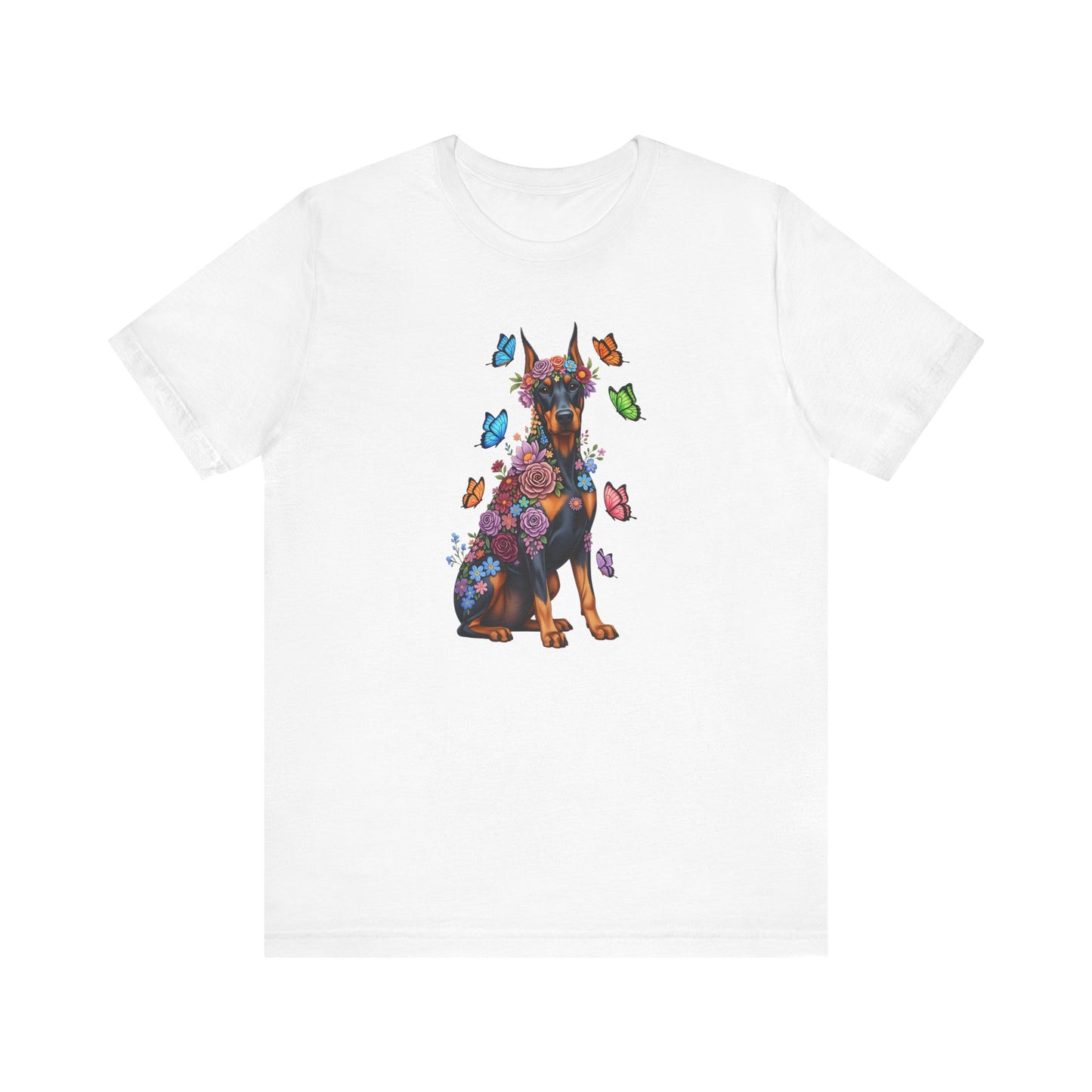 Whimsical Floral Doberman Pinscher Tee – Colorful Dog Lover Shirt with Butterflies
