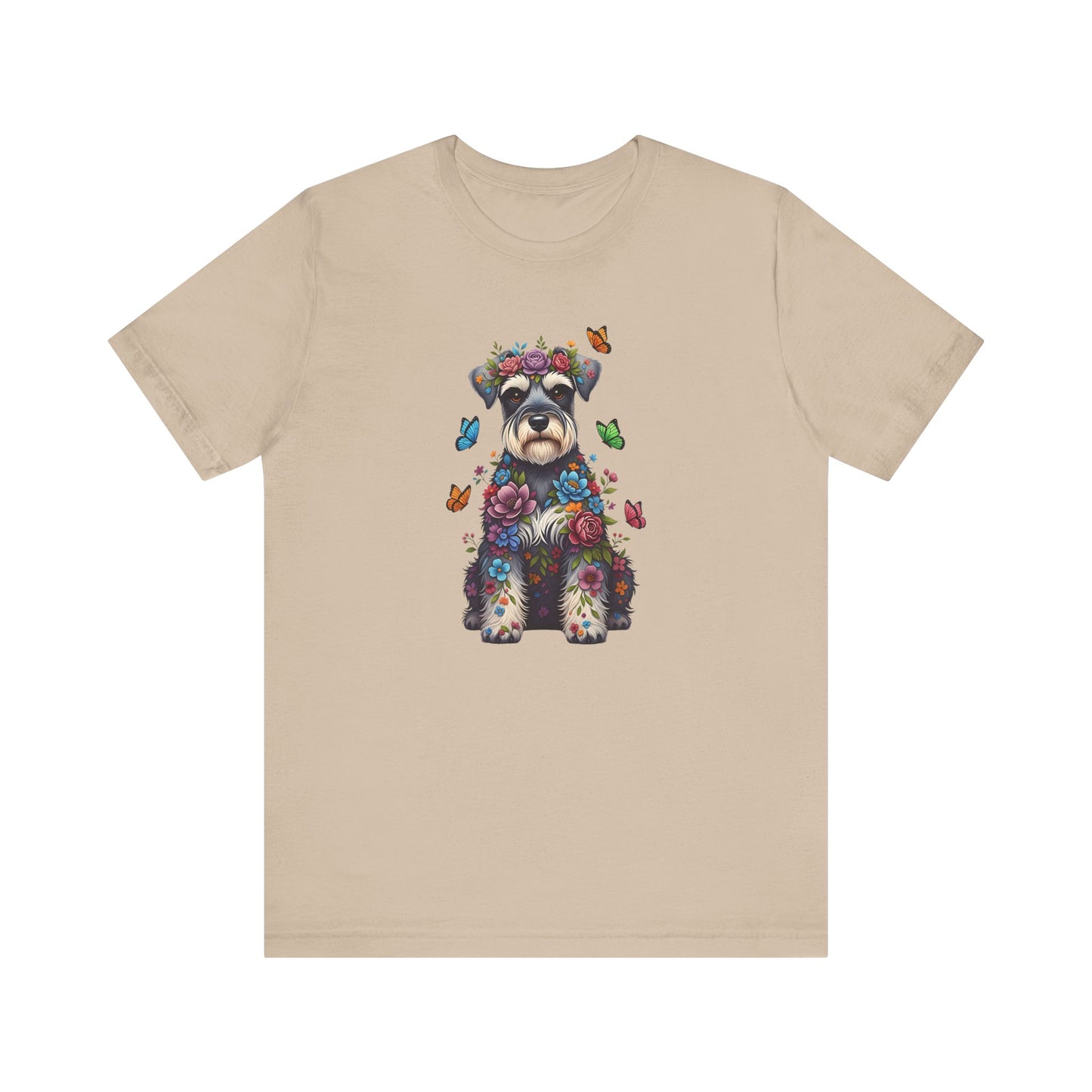 Whimsical Floral Schnauzer Tee – Colorful Dog Lover Shirt with Butterflies