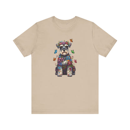 Whimsical Floral Schnauzer Tee – Colorful Dog Lover Shirt with Butterflies