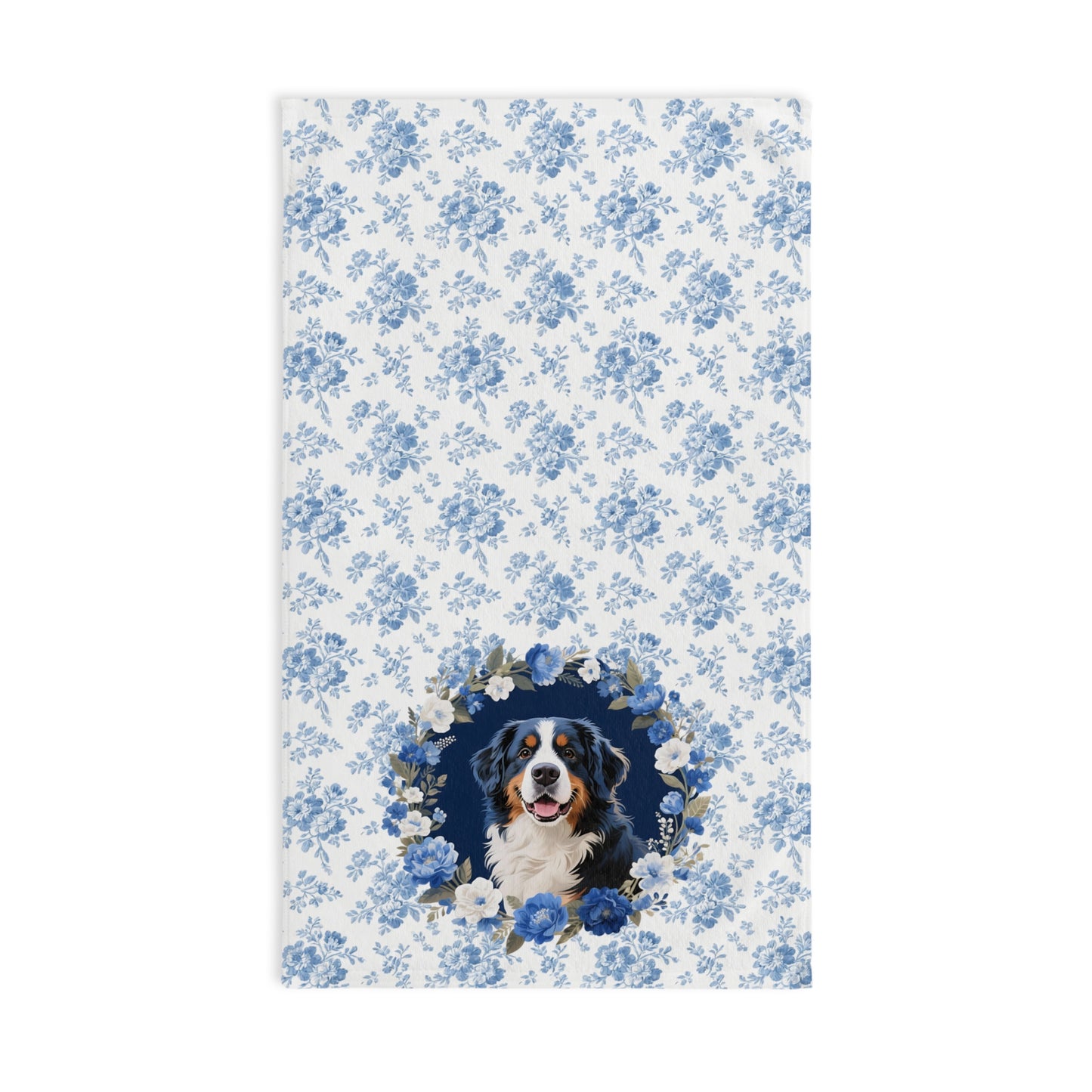 Blue Floral Bernese Mountain Dog Portrait Hand Towel – Cute Pet Bathroom Accessory
