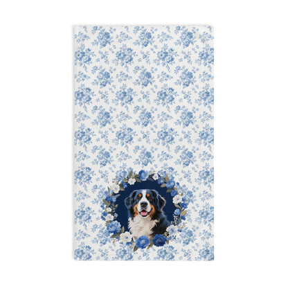 Blue Floral Bernese Mountain Dog Portrait Hand Towel – Cute Pet Bathroom Accessory
