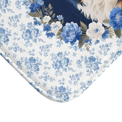 Blue Floral Berner Bath Mat – Cute Bernese Mountain Dog Bathroom Rug