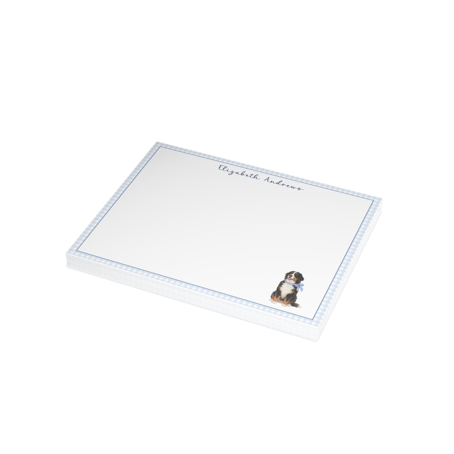 Bernese Mountain Dog Blue Gingham Personalized Notecard Set
