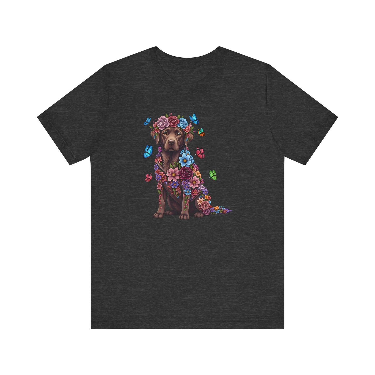 Whimsical Floral Chocolate Labrador Retriever Tee – Colorful Dog Lover Shirt with Butterflies