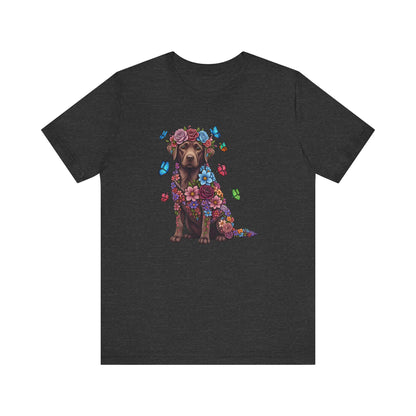 Whimsical Floral Chocolate Labrador Retriever Tee – Colorful Dog Lover Shirt with Butterflies