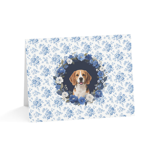 Beagle Dog Blue Floral Greeting Card Set