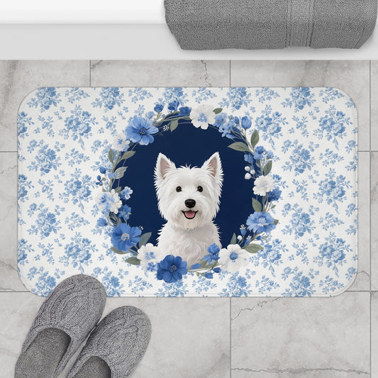 Blue Floral Westie Bath Mat – Cute West Highland White Terrier Dog Bathroom Rug