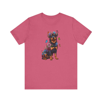 Whimsical Floral Rottweiler Tee – Colorful Dog Lover Shirt with Butterflies