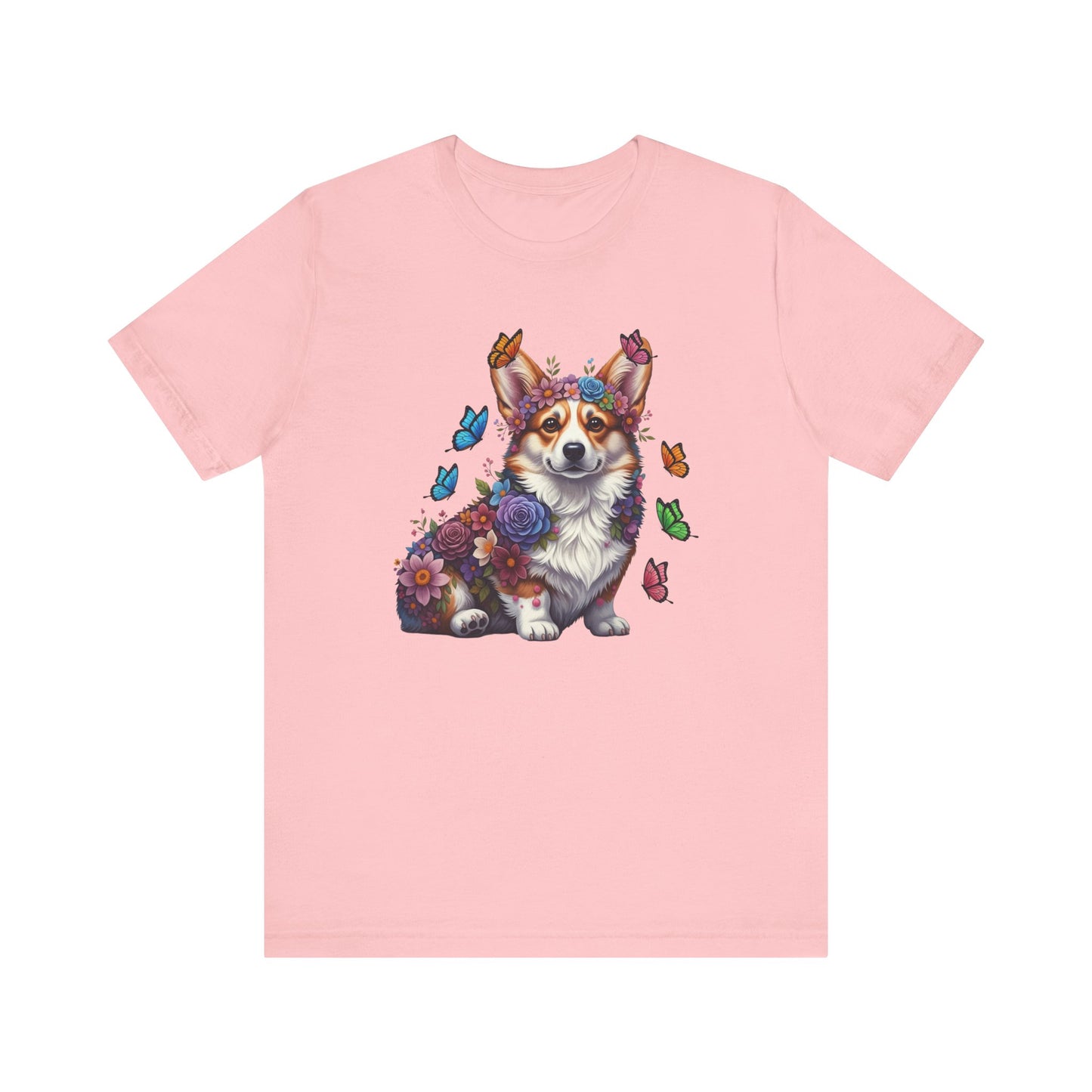 Whimsical Floral Corgi Tee – Colorful Dog Lover Shirt with Butterflies