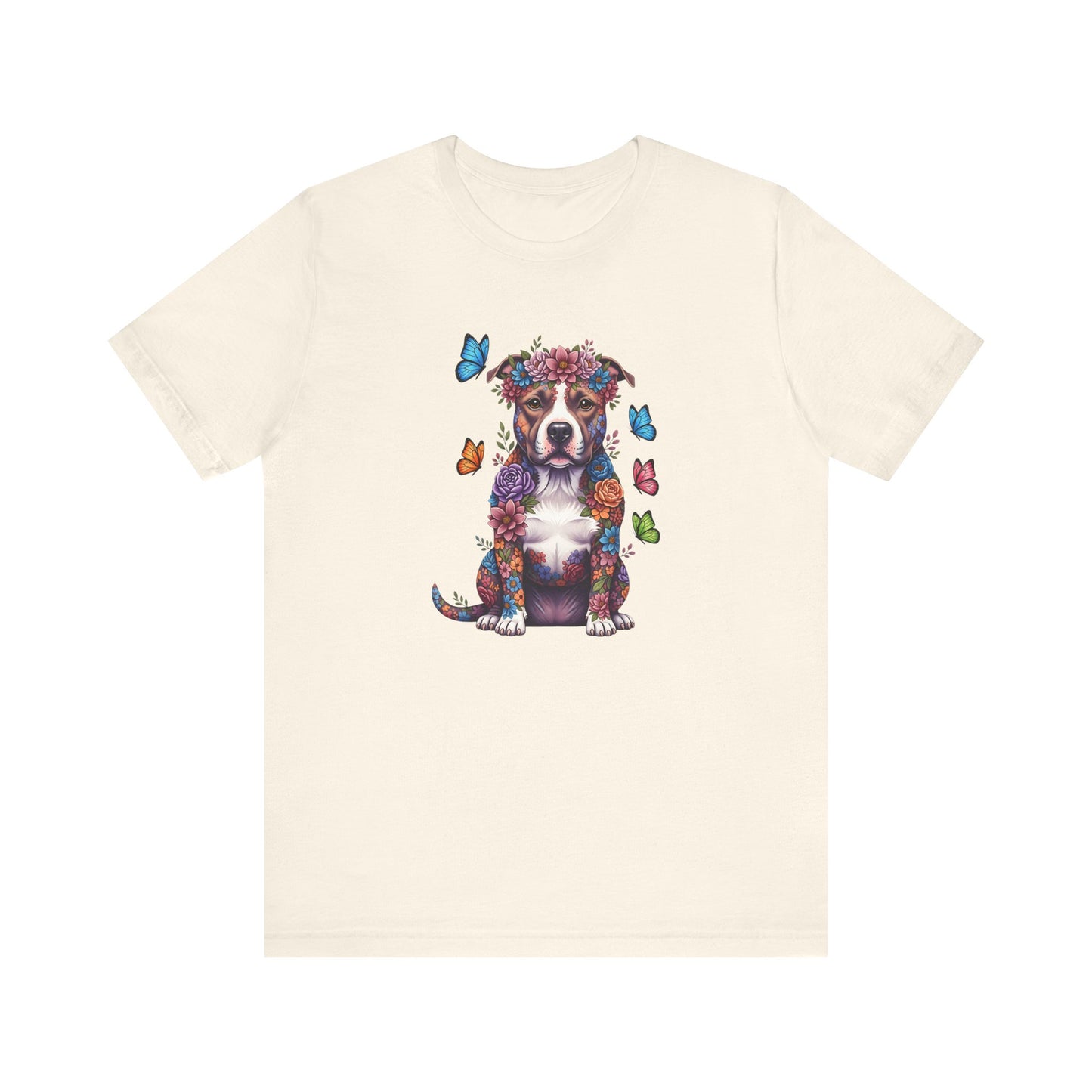 Whimsical Floral Pitbull Tee – Colorful Dog Lover Shirt with Butterflies
