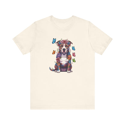 Whimsical Floral Pitbull Tee – Colorful Dog Lover Shirt with Butterflies