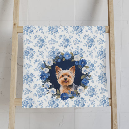 Blue Floral Yorkshire Terrier Dog Portrait Hand Towel – Cute Pet Bathroom Accessory