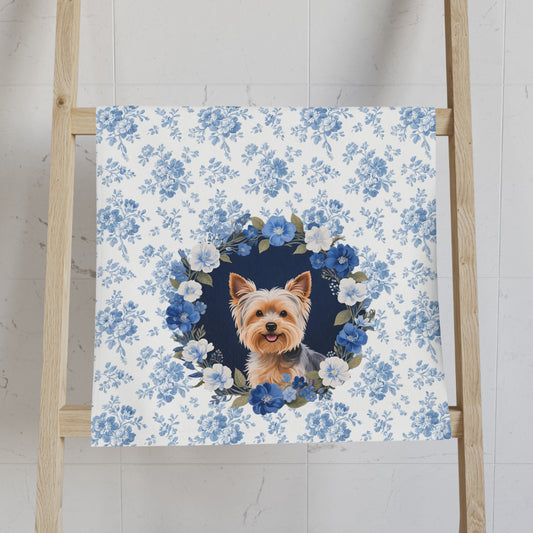 Blue Floral Yorkshire Terrier Dog Portrait Hand Towel – Cute Pet Bathroom Accessory