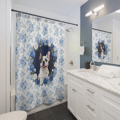 Pied French Bulldog Dog Blue Floral Shower Curtain – Dog Portrait Bath Decor