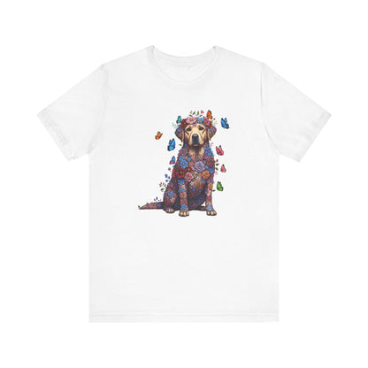 Whimsical Floral Labrador Retriever Tee – Colorful Dog Lover Shirt with Butterflies