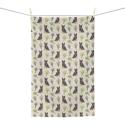 Australian Cattle Dog & Herbs Tea Towel - Floral Dog Kitchen Towel