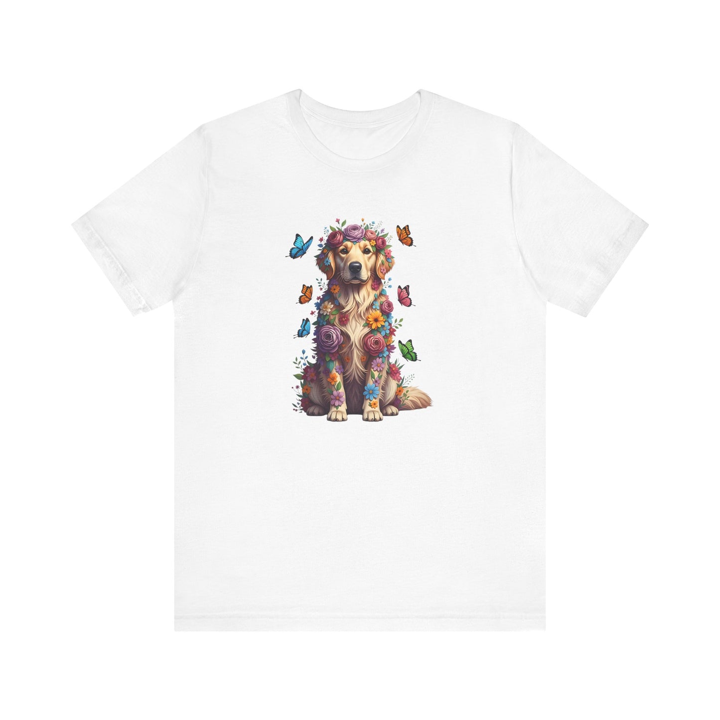 Whimsical Floral Golden Retriever Tee – Colorful Dog Lover Shirt with Butterflies
