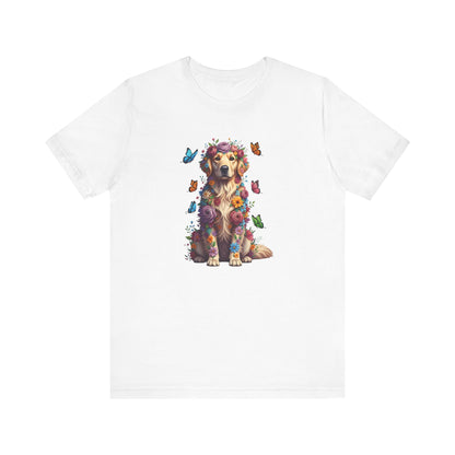 Whimsical Floral Golden Retriever Tee – Colorful Dog Lover Shirt with Butterflies