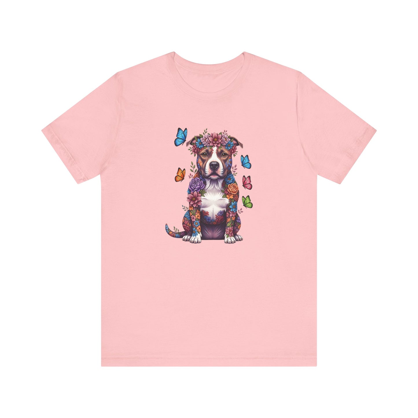 Whimsical Floral Pitbull Tee – Colorful Dog Lover Shirt with Butterflies