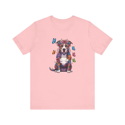 Whimsical Floral Pitbull Tee – Colorful Dog Lover Shirt with Butterflies