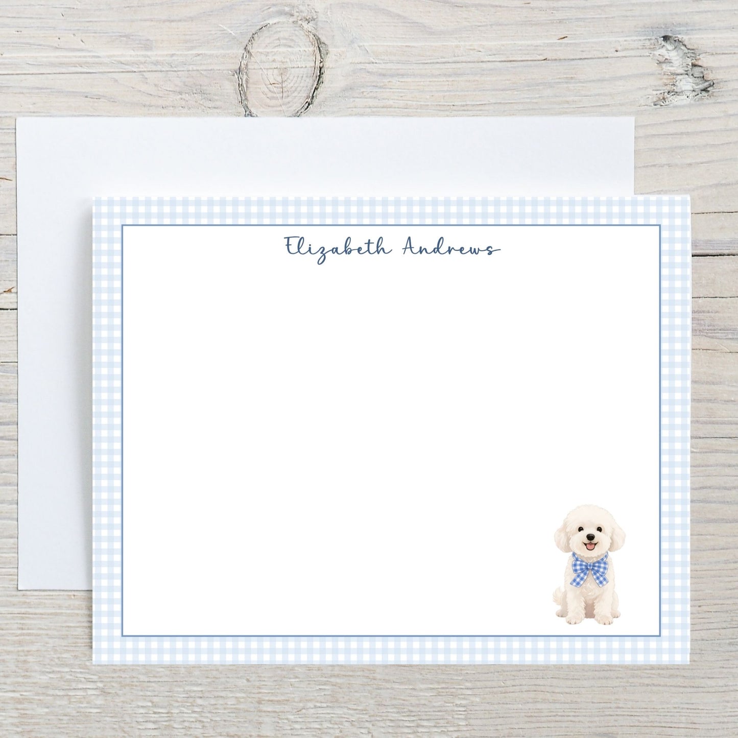 Bichon Frise Dog Blue Gingham Personalized Notecard Set