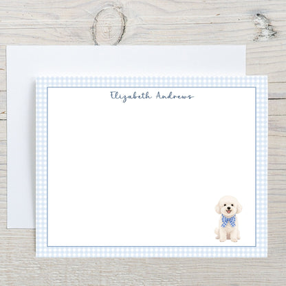 Bichon Frise Dog Blue Gingham Personalized Notecard Set