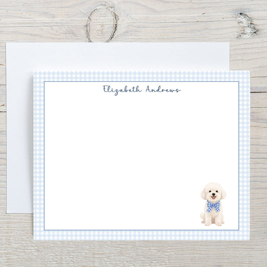 Bichon Frise Dog Blue Gingham Personalized Notecard Set