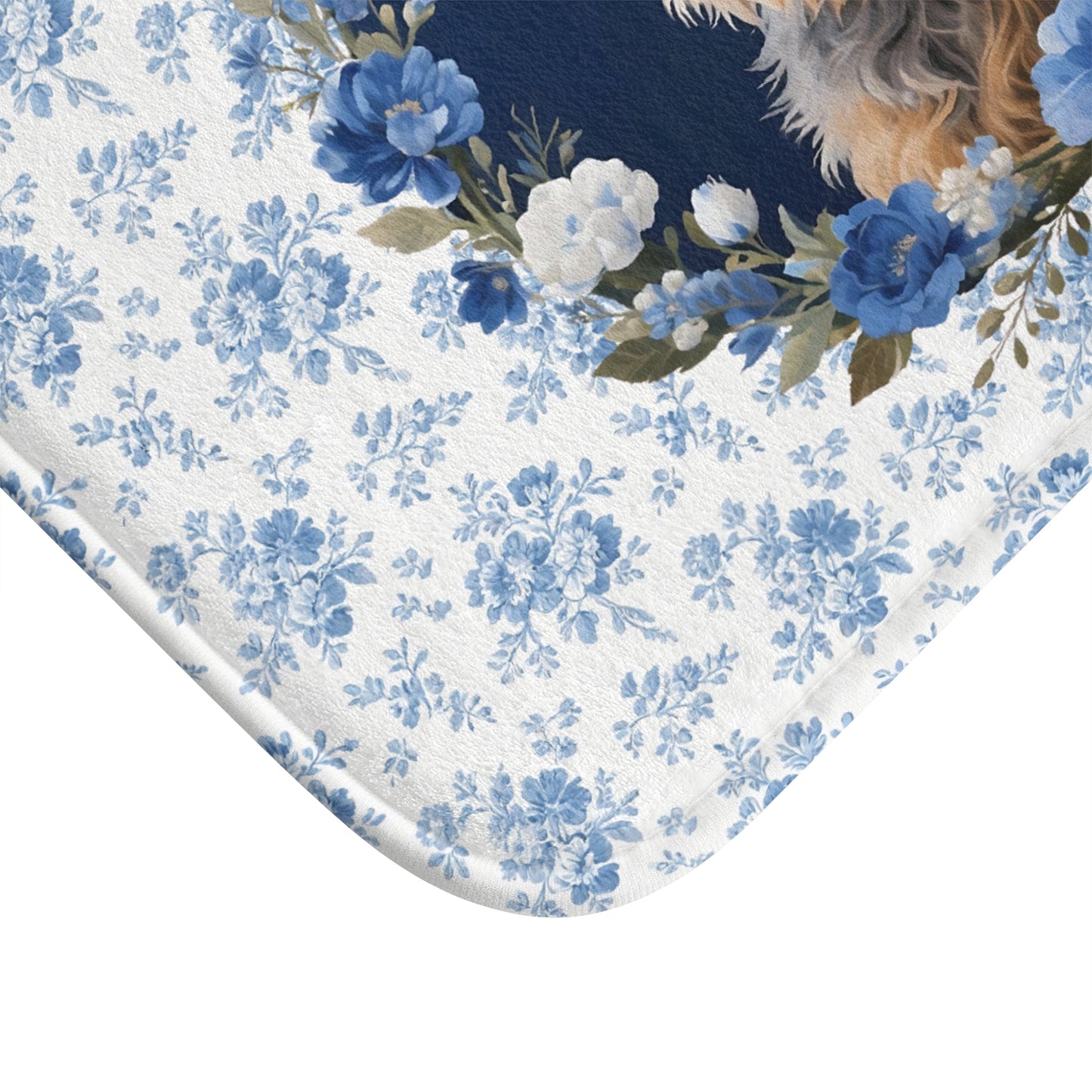 Blue Floral Terrier Bath Mat – Cute Cairn Terrier Dog Bathroom Rug
