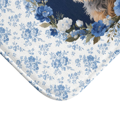 Blue Floral Terrier Bath Mat – Cute Cairn Terrier Dog Bathroom Rug