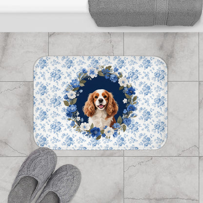 Blue Floral Cavalier Bath Mat – Cute Cavalier King Charles Spaniel Dog Bathroom Rug