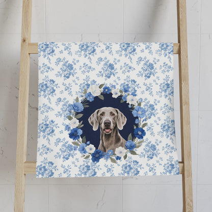 Blue Floral Weimaraner Dog Portrait Hand Towel – Cute Pet Bathroom Accessory