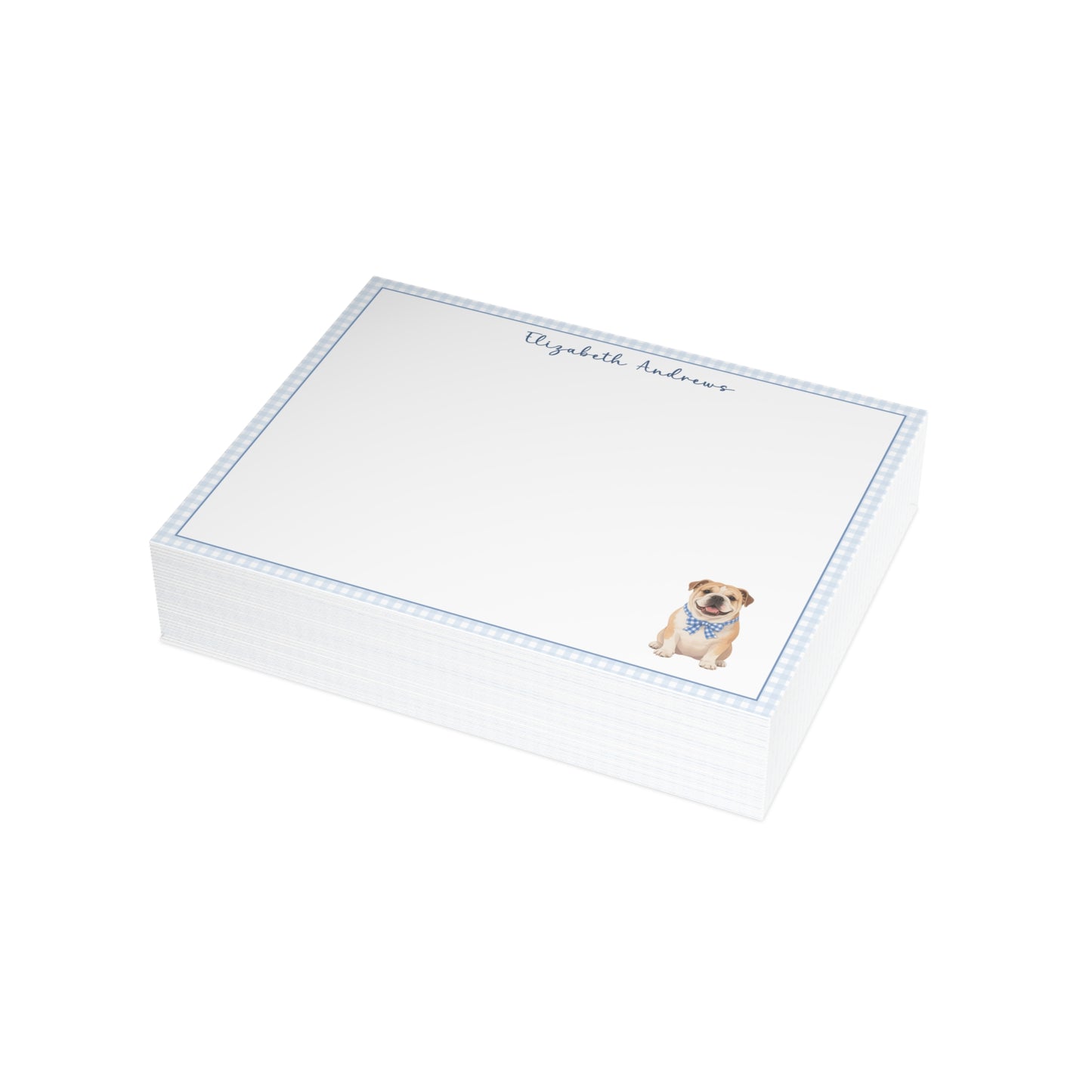 English Bulldog Blue Gingham Personalized Notecard Set