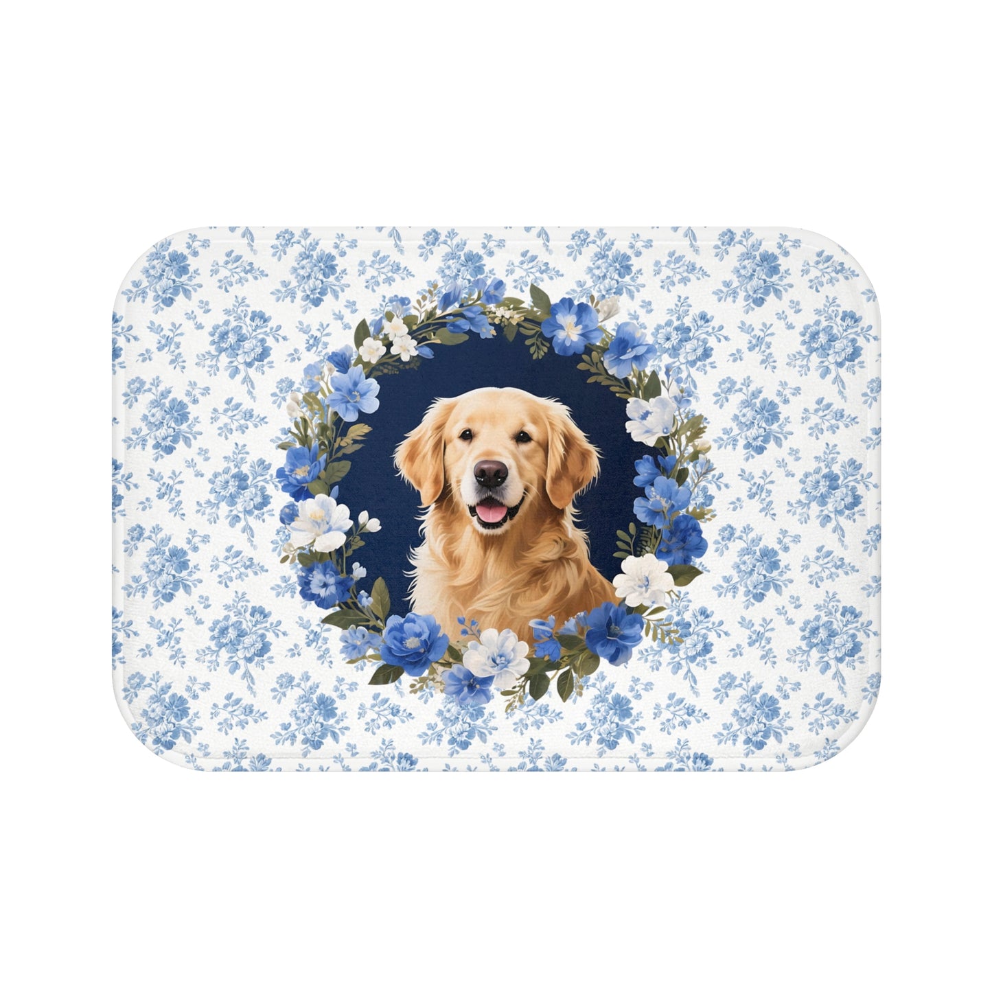Blue Floral Golden Bath Mat – Cute Golden Retriever Dog Bathroom Rug