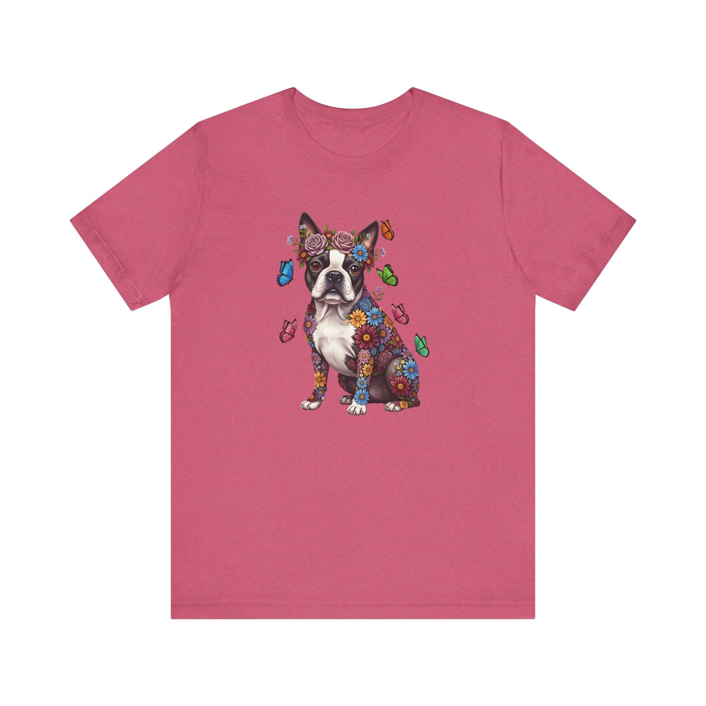 Whimsical Floral Boston Terrier Tee – Colorful Dog Lover Shirt with Butterflies