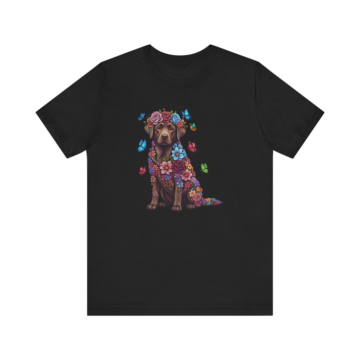 Whimsical Floral Chocolate Labrador Retriever Tee – Colorful Dog Lover Shirt with Butterflies