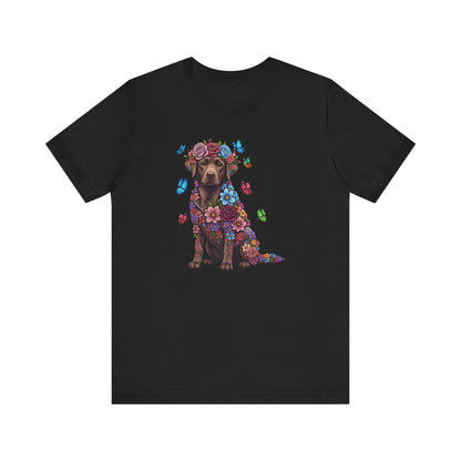 Whimsical Floral Chocolate Labrador Retriever Tee – Colorful Dog Lover Shirt with Butterflies