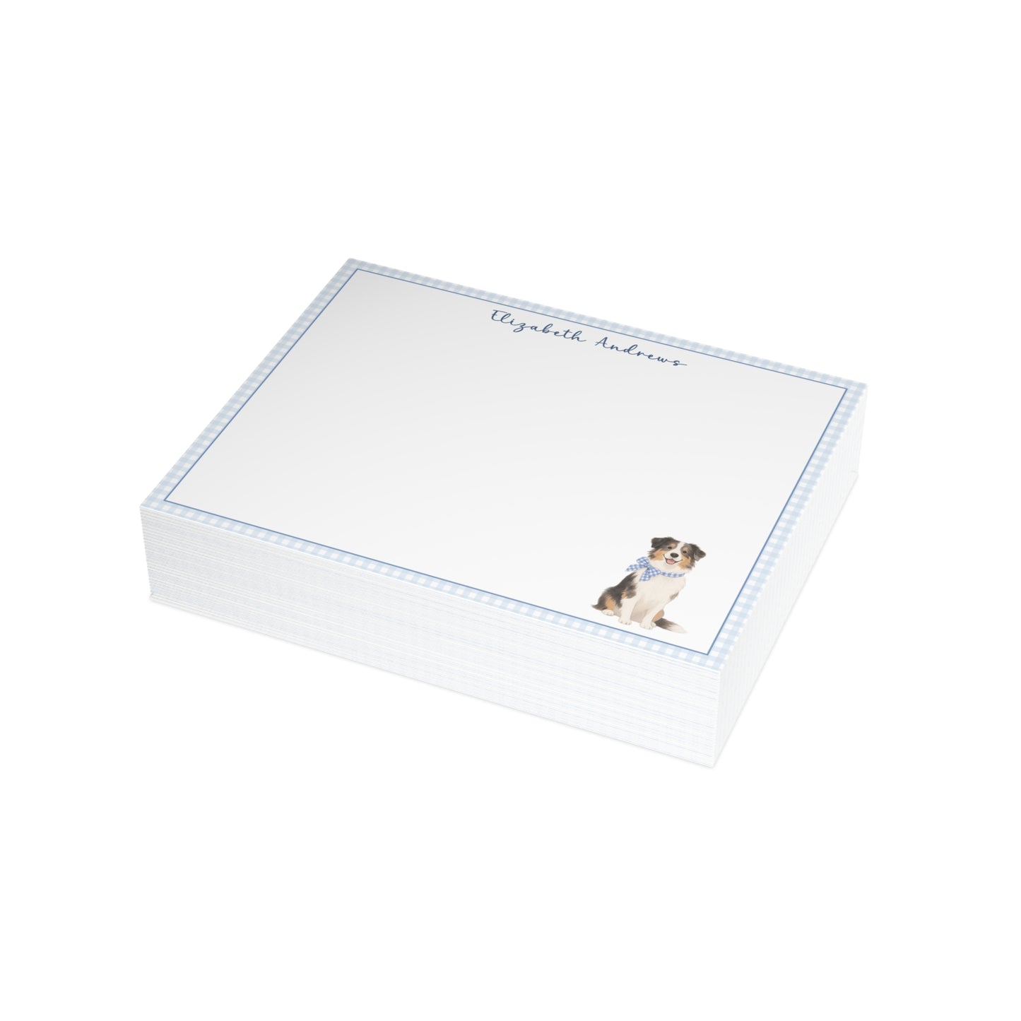 Australian Shepherd Dog Blue Gingham Personalized Notecard Set