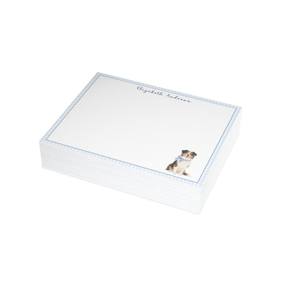 Australian Shepherd Dog Blue Gingham Personalized Notecard Set