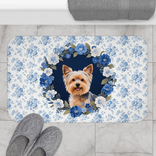 Blue Floral Yorkie Bath Mat – Cute Yorkshire Terrier Dog Bathroom Rug