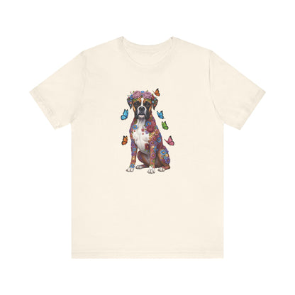 Whimsical Floral Boxer Tee – Colorful Dog Lover Shirt with Butterflies