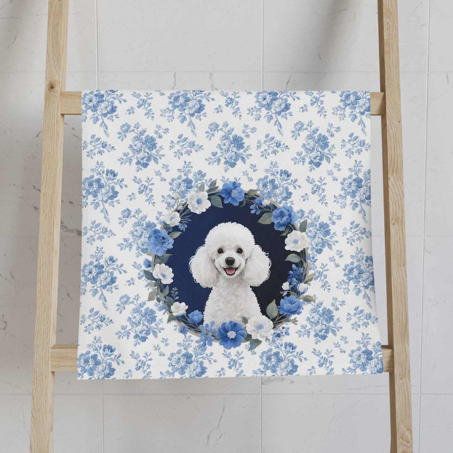 Blue Floral Poodle Dog Portrait Hand Towel – Cute Pet Bathroom Accessory