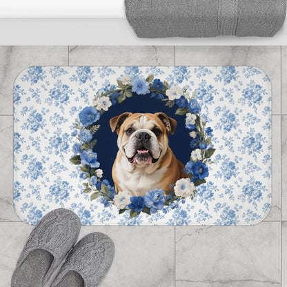 Blue Floral Bulldog Bath Mat – Cute English Bulldog Bathroom Rug
