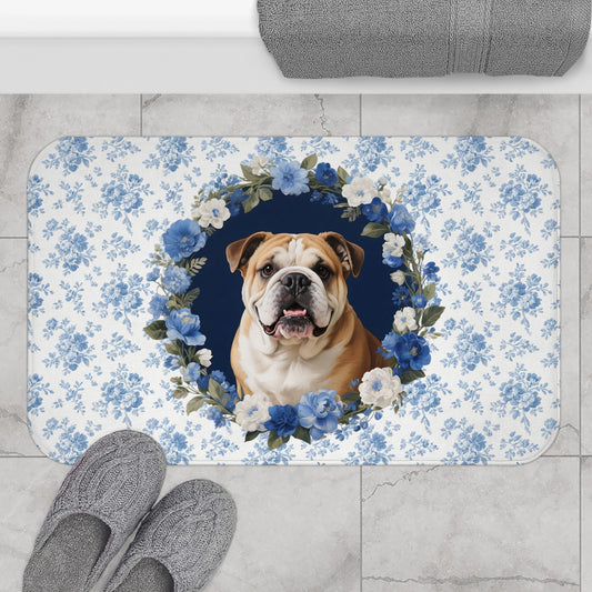 Blue Floral Bulldog Bath Mat – Cute English Bulldog Bathroom Rug