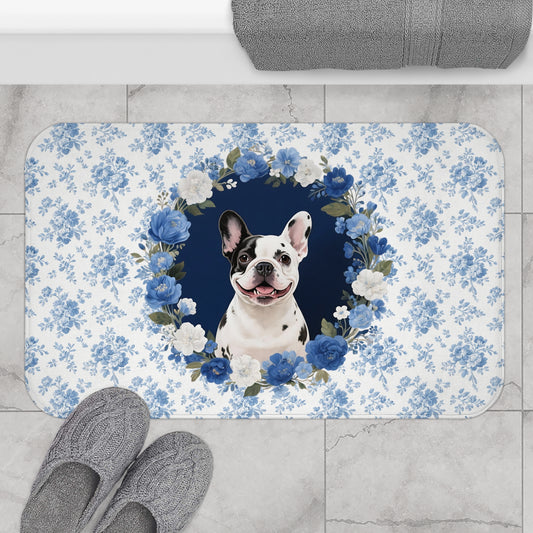 Blue Floral Frenchie Bath Mat – Cute Pied French Bulldog Bathroom Rug